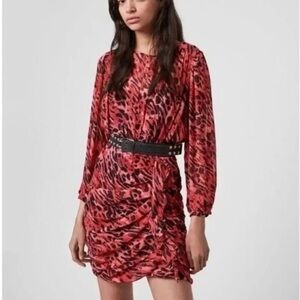 All Saints Barre Ambient Leopard Print Dress in Red/Pink/Black